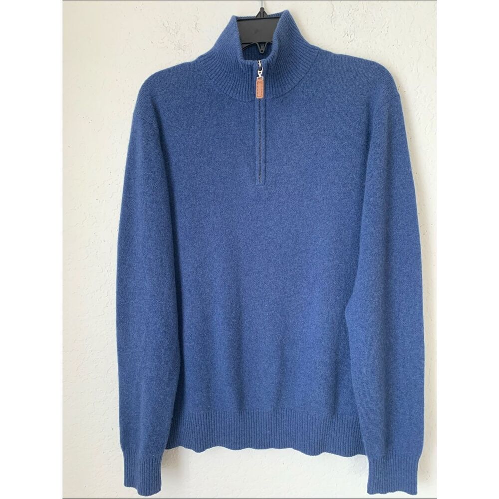 Alan Flusser Men's Cashmere Half-Zip Mock Neck Dark Blue Sweater Size M